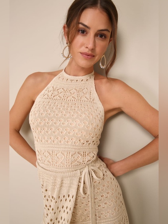 Lulus Dresses & Skirts - Lulus Blissful Strolls Beige Crochet Faux-Wrap Halter Midi Dress